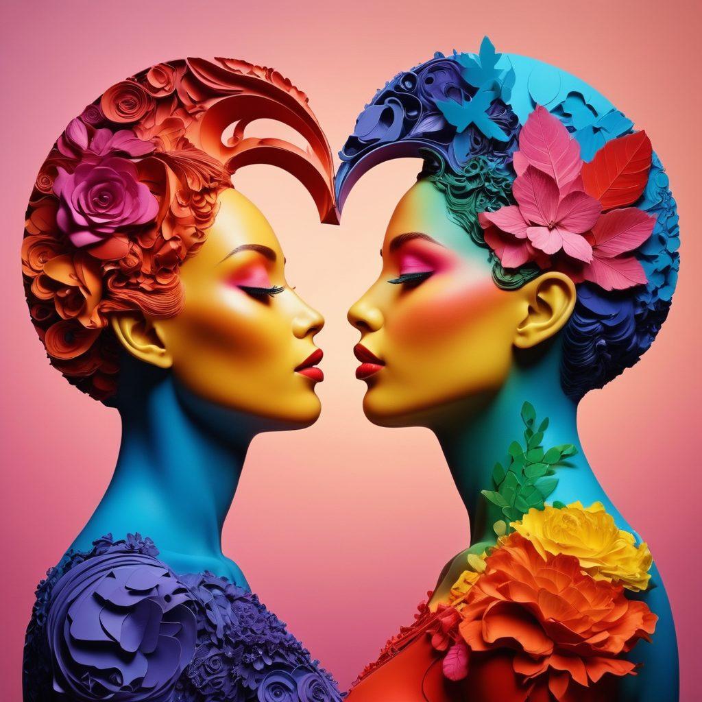 A vibrant collage depicting various elements of sexual content, such as abstract representations of diverse fantasies and fetishes, intertwined with colorful silhouettes and artistic symbols of love and intimacy. The background should be a soft gradient to evoke a sense of exploration and understanding, filled with whimsical designs and subtle textures. Incorporate a blend of warm and cool colors to balance the diverse themes, while ensuring the overall look is engaging and thought-provoking. 3D. vibrant colors. abstract art.