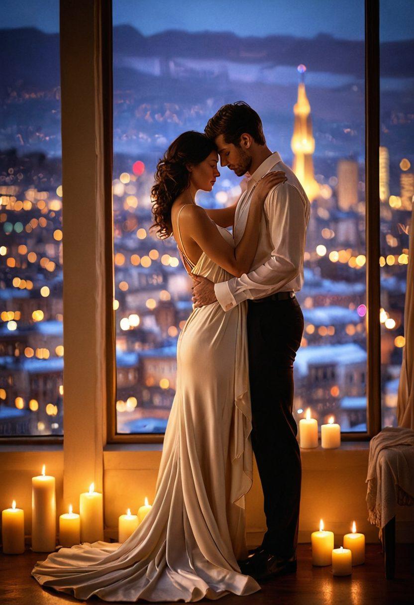 A captivating, intimate scene showcasing a couple intertwined in an embrace, with soft, warm lighting that emphasizes their sensuality. Surrounding them are elements representing erotic expression, such as delicate silk fabrics, aromatic candles, and abstract art. The background features a dreamy, blurred cityscape to evoke a sense of adventure and exploration. The overall mood is romantic and inviting. super-realistic. warm colors. soft focus.