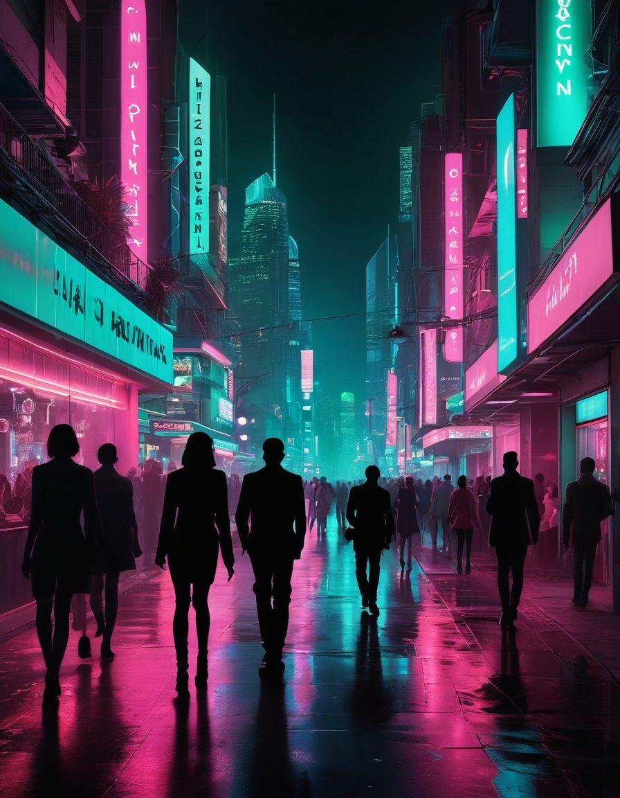 A sensual and elegant depiction of silhouettes exploring a vibrant city nightlife, with neon lights casting alluring colors. Incorporate elements like modern art installations, a diverse crowd, and subtle hints of adult entertainment, all exuding a sense of mystery and allure. The scene should evoke curiosity while maintaining sophistication. 3D. vibrant colors. cyberpunk.